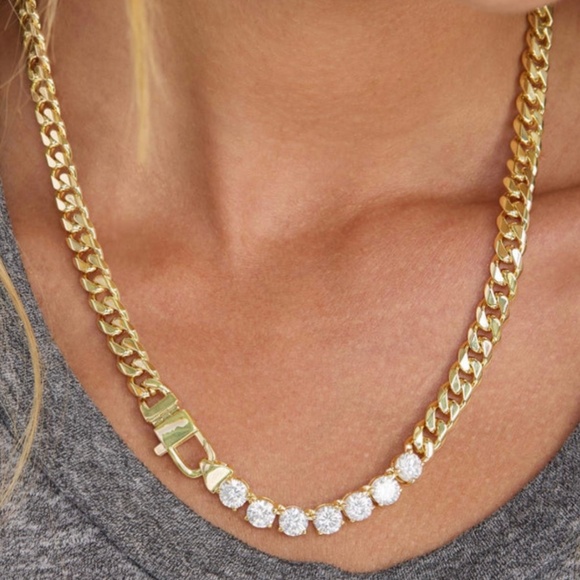 Melinda Maria Julian Cuban Chain 18" Necklace Simulated Diamonds 18K Gold Plated - Picture 1 of 6